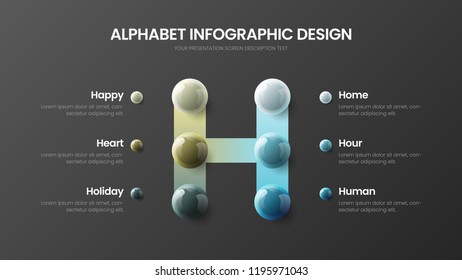 Amazing vector 6 option alphabet infographic 3D realistic colorful balls presentation. Creative bright multicolor character design illustration layout. Modern H symbol graphics visualization template.