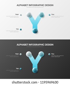 Amazing vector alphabet 3 option infographic 3D realistic colorful balls presentation bundle. Bright multicolor character design illustration layout. Modern art Y symbol visualization template set.