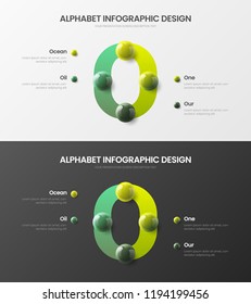 Amazing vector alphabet 4 option infographic 3D realistic colorful balls presentation bundle. Bright multicolor character design illustration layout. Modern art O symbol visualization template set.