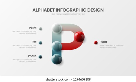 Amazing vector alphabet 4 option infographic 3D realistic colorful balls presentation. Bright multicolor character design illustration layout. Modern art P symbol graphics visualization template.