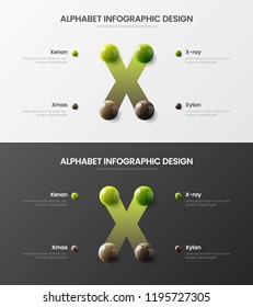 Amazing vector alphabet 4 option infographic 3D realistic colorful balls presentation bundle. Bright multicolor character design illustration layout. Modern art X symbol visualization template set.