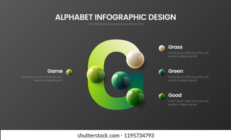 Amazing vector alphabet 4 option infographic 3D realistic colorful balls presentation. Creative bright multicolor character design illustration layout. Modern G symbol graphics visualization template.