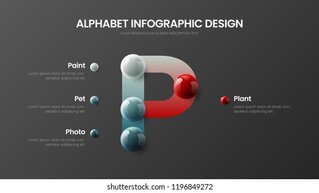 Amazing vector alphabet 4 option infographic 3D realistic colorful balls presentation. Bright multicolor character design illustration layout. Modern art P symbol graphics visualization template.