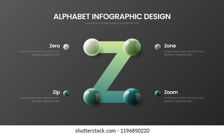 Amazing vector alphabet 4 option infographic 3D realistic colorful balls presentation. Bright multicolor character design illustration layout. Modern art Z symbol graphics visualization template.