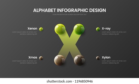 Amazing vector alphabet 4 option infographic 3D realistic colorful balls presentation. Bright multicolor character design illustration layout. Modern art X symbol graphics visualization template.