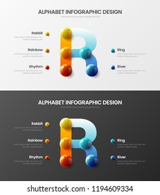 Amazing vector alphabet 5 option infographic 3D realistic colorful balls presentation bundle. Bright multicolor character design illustration layout. Modern art R symbol visualization template set.