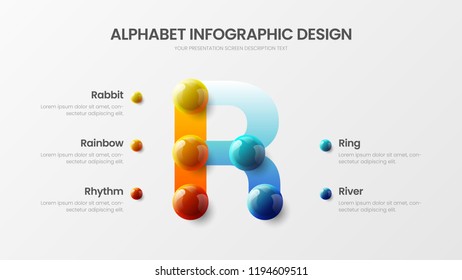 Amazing vector alphabet 5 option infographic 3D realistic colorful balls presentation. Bright multicolor character design illustration layout. Modern art R symbol graphics visualization template.