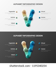 Amazing vector alphabet 5 option infographic 3D realistic colorful balls presentation bundle. Bright multicolor character design illustration layout. Modern art V symbol visualization template set.