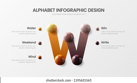 Amazing vector alphabet 5 option infographic 3D realistic colorful balls presentation. Bright multicolor character design illustration layout. Modern art W symbol graphics visualization template.