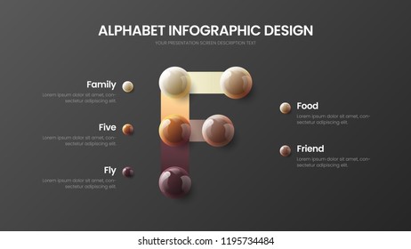 Amazing vector alphabet 5 option infographic 3D realistic colorful balls presentation. Creative bright multicolor character design illustration layout. Modern F symbol graphics visualization template.