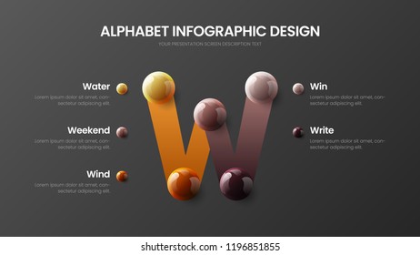 Amazing vector alphabet 5 option infographic 3D realistic colorful balls presentation. Bright multicolor character design illustration layout. Modern art W symbol graphics visualization template.
