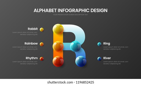 Amazing vector alphabet 5 option infographic 3D realistic colorful balls presentation. Bright multicolor character design illustration layout. Modern art R symbol graphics visualization template.