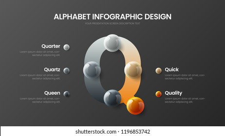 Amazing vector alphabet 5 option infographic 3D realistic colorful balls presentation. Bright multicolor character design illustration layout. Modern art Q symbol graphics visualization template.