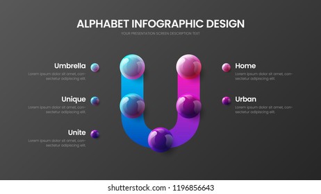 Amazing vector alphabet 5 option infographic 3D realistic colorful balls presentation. Creative bright multicolor character design illustration layout. Modern U symbol graphics visualization template.
