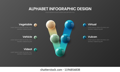 Amazing vector alphabet 5 option infographic 3D realistic colorful balls presentation. Bright multicolor character design illustration layout. Modern art V symbol graphics visualization template.