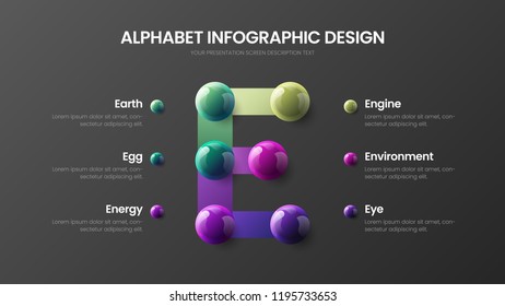 Amazing vector alphabet 6 option infographic 3D realistic colorful balls presentation. Creative bright multicolor character design illustration layout. Modern E symbol graphics visualization template.