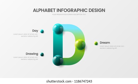 Amazing vector alphabet infographic 3D realistic colorful balls presentation. Creative bright multicolor character design illustration layout. Modern art symbol graphics visualization template.
