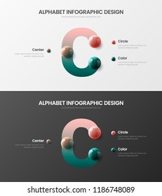 Amazing vector alphabet infographic 3D realistic colorful balls presentation bundle. Creative bright multicolor character design illustration layout. Modern art symbol visualization template set.