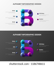 Amazing vector alphabet infographic 3D realistic colorful balls presentation bundle. Creative bright multicolor character design illustration layout. Modern art symbol visualization template set.