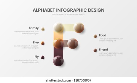 Amazing vector alphabet infographic 3D realistic colorful balls presentation. Creative bright multicolor character design illustration layout. Modern art symbol graphics visualization template.