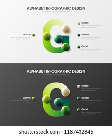 Amazing vector alphabet infographic 3D realistic colorful balls presentation bundle. Creative bright multicolor character design illustration layout. Modern art G symbol visualization template set.