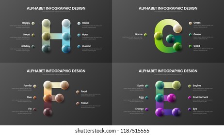 Amazing vector alphabet infographic 3D realistic colorful balls presentation bundle. Creative bright multicolor character design illustration layout. Modern art symbol visualization template set.
