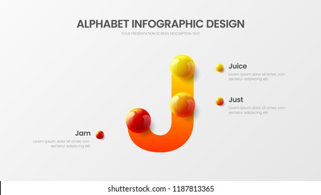 Amazing vector alphabet infographic 3D realistic colorful balls presentation. Creative bright multicolor character design illustration layout. Modern art J symbol graphics visualization template.