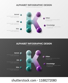 Amazing vector alphabet infographic 3D realistic colorful balls presentation bundle. Creative bright multicolor character design illustration layout. Modern art K symbol visualization template set.