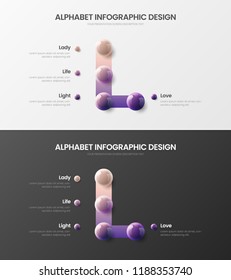 Amazing vector alphabet infographic 3D realistic colorful balls presentation bundle. Creative bright multicolor character design illustration layout. Modern art L symbol visualization template set.