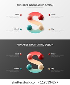 Amazing vector alphabet infographic 3D realistic colorful balls presentation bundle. Creative bright multicolor character design illustration layout. Modern art S symbol visualization template set.