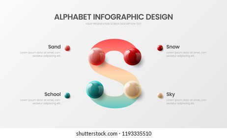 Amazing vector alphabet infographic 3D realistic colorful balls presentation. Creative bright multicolor character design illustration layout. Modern art S symbol graphics visualization template.