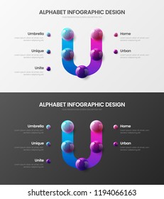 Amazing vector alphabet infographic 3D realistic colorful balls presentation bundle. Creative bright multicolor character design illustration layout. Modern art U symbol visualization template set.
