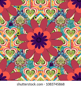 Amazing vector collage for floral design. Vibrant floral pattern blossom flowers orange, beige and red colour floral seamless background.