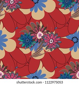 Amazing vector collage for floral design. Vibrant floral pattern blossom flowers blue, red and beige colour floral seamless background.