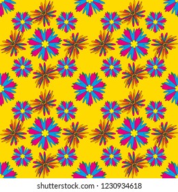 Amazing vector collage for floral design. Vibrant floral pattern blossom flowers blue, magenta and yellow colour floral seamless background.