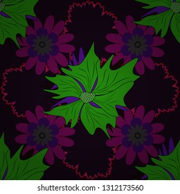 Amazing vector collage for floral design. Vibrant floral pattern blossom flowers green, black and purple colour floral seamless background.
