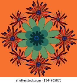 Amazing vector collage for floral design. Vibrant floral pattern blossom flowers green, orange and brown colour floral seamless background.