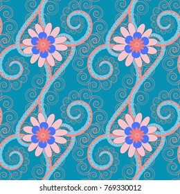 Amazing vector collage for floral design. Vibrant floral pattern blossom flowers white, blue and pink colour floral seamless background.