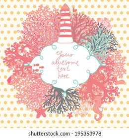 Incrível quadro de recife de coral vetorial com farol, peixes, cavalo-marinho e estrelas-do-mar. Fundo marinho elegante com lugar para texto em estilo cartoon