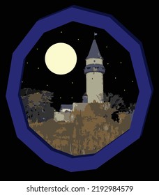 An amazing vector illustration of a castle with a dominant defensive tower. Castle on the hill. Castle at night. Bright moon, black sky, yellow stars. Fantastic wallpaper. Castle, medieval, defense.