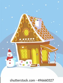 Amazing vector illustration of Christmas concept. Cute and vintage flat style. Best for advertising, postcard, gifts, print. Snowman, ginger house, toys.