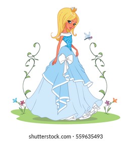 Amazing vector illustration of fashion princess girl in Blue Ball Gown. Beautiful Princess walks on a flower meadow. Blond girl in a blue dress. Summer vacation, holidays in the countryside.
