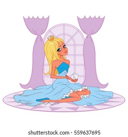 Amazing vector illustration of fashion princess girl in Blue Ball Gown. Beautiful Princess sits in the castle. Blond girl in a blue dress.