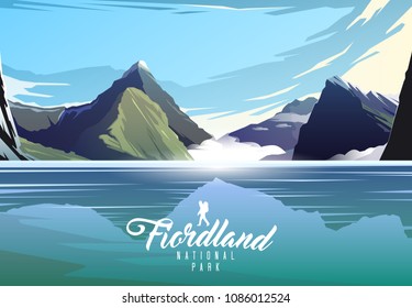 Amazing vector illustration. Fiordland national park. Nature of New Zeland. Milford sound.