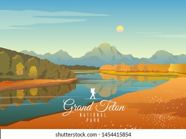 Amazing vector illustration. Grand Teton national park. Nature of Wyoming. Moran.