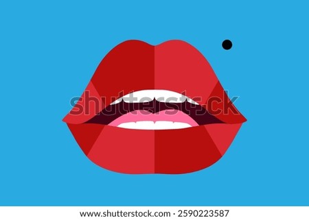 Amazing vector illustration of open, flirtatious, sensual lips in red and blue colors