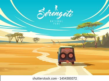 Amazing vector illustration. The Serengeti national park. Nature of Tanzania. Savannah.