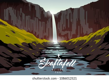 Amazing vector illustration. Skaftafell national park. Nature of Iceland. Svartifoss waterfall.