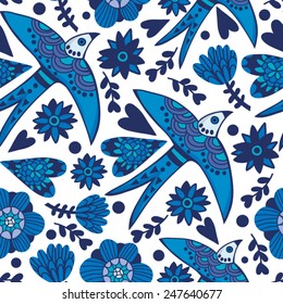 Amazing vector pattern of Portuguese swallows and flowers.