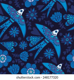 Amazing vector pattern of Portuguese swallows and flowers.